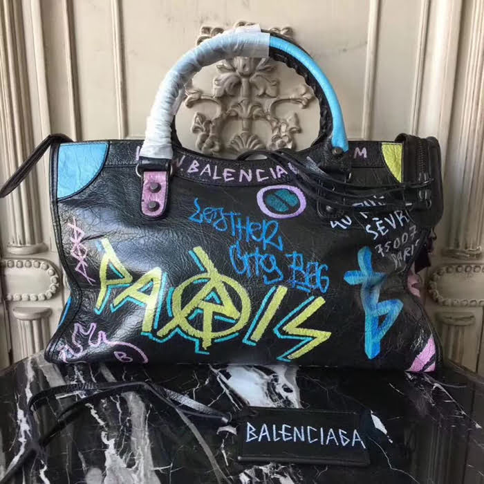BALENCIAG巴黎世家 Graffiti Classic City38cm機車包 義大利爆裂紋羊皮 手繪彩色塗鴉 手提肩背斜挎包  BL1467